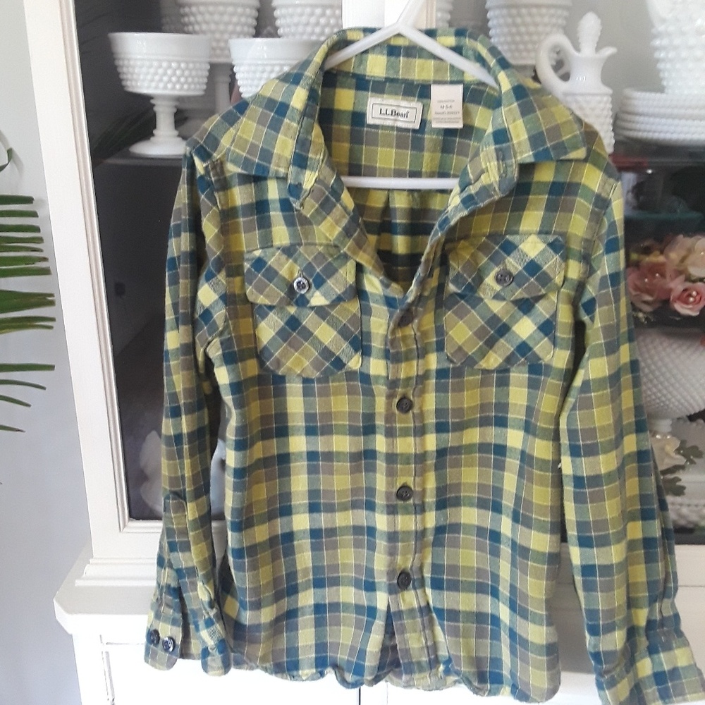 L.L.Bean Boys Green Plaid Button Up Shirt M 5-6
